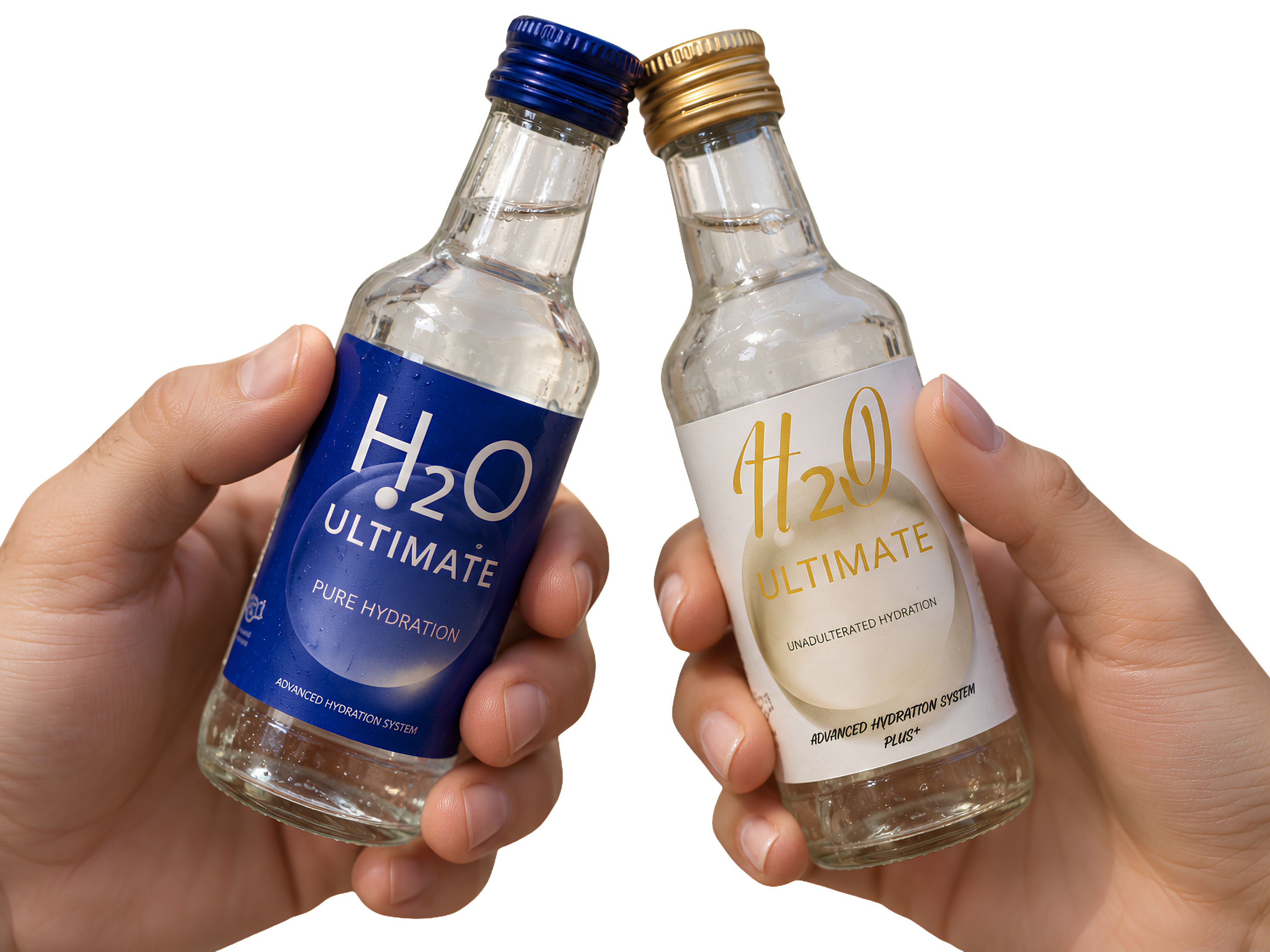 H₂O ULTIMATE Pure Hydration and PLUS™ bottles being raised together